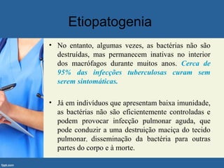 Etiopatogenia
• No entanto, algumas vezes, as bactérias não são
destruídas, mas permanecem inativas no interior
dos macrófagos durante muitos anos. Cerca de
95% das infecções tuberculosas curam sem
serem sintomáticas.
• Já em indivíduos que apresentam baixa imunidade,
as bactérias não são eficientemente controladas e
podem provocar infecção pulmonar aguda, que
pode conduzir a uma destruição maciça do tecido
pulmonar, disseminação da bactéria para outras
partes do corpo e à morte.
 