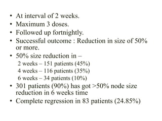 • At interval of 2 weeks.
• Maximum 3 doses.
• Followed up fortnightly.
• Successful outcome : Reduction in size of 50%
or more.
• 50% size reduction in –
2 weeks – 151 patients (45%)
4 weeks – 116 patients (35%)
6 weeks – 34 patients (10%)
• 301 patients (90%) has got >50% node size
reduction in 6 weeks time
• Complete regression in 83 patients (24.85%)
 