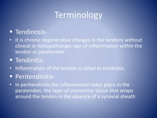 Terminology
 Tendinosis-
• It is chronic degenerative changes in the tendons without
clinical or histopathologic sign of inflammation within the
tendon or paratendon
 Tendinitis-
• Inflammation of the tendon is called as tendinitis.
 Peritendinitis-
• In peritendinitis the inflammation takes place in the
paratendon, the layer of connective tissue that wraps
around the tendon in the absence of a synovial sheath
 