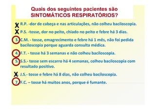 Quais dos seguintes pacientes são
         SINTOMÁTICOS RESPIRATÓRIOS?

X R.P. -dor de cabeça e nas articulações, não colheu baciloscopia.
1.
X P.S. -tosse, dor no peito, chiado no peito e febre há 3 dias.
2.
3. C.M. - tosse, emagrecimento e febre há 1 mês, não foi pedida
   baciloscopia porque aguarda consulta médica.
4. F.T. - tosse há 3 semanas e não colheu baciloscopia.
5. S.S.- tosse sem escarro há 4 semanas, colheu baciloscopia com
   resultado positivo.

X J.S.- tosse e febre há 8 dias, não colheu baciloscopia.
6.
7. F.C. – tosse há muitos anos, porque é fumante.
 
