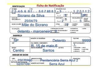Ficha de Notificação
23 46 6 61                5 6 7 88 8 1 – 5               1 231124
       Sicrano da Silva                          1           SP
               25/04/79                      2               5
            Mãe do Sicrano                           1
       detento - marceneiro 6

  SP                              Detento                        999900
                      R. 15 de maio,6                    1
  Centro                     Santos

       25678990
DATA DE NOTIFICAÇÃO
                           Penitenciária Serra Azul 2
      02/07/09                   Serra Azul
 