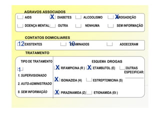 AGRAVOS ASSOCIADOS
    AIDS            X    DIABETES            ALCOOLISMO         X
                                                                DROGADIÇÃO

    DOENÇA MENTAL        OUTRA               NENHUMA             SEM INFORMAÇÃO


    CONTATOS DOMICILIARES

12EXISTENTES                     10
                                  EXAMINADOS                         ADOECERAM

    TRATAMENTO

 TIPO DE TRATAMENTO                              ESQUEMA DROGAS

1                       X RIFAMPICINA (R ) X ETAMBUTOL (E)              OUTRAS
                                                                       ESPECIFICAR:
1. SUPERVISIONADO
                        X   ISONIAZIDA (H)        ESTREPTOMICINA (S)
2. AUTO-ADMINISTRADO

9. SEM INFORMAÇÃO       X   PIRAZINAMIDA (Z)      ETIONAMIDA (Et )
 