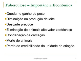 Tuberculose – Importância Econômica Queda no ganho de peso Diminuição na produção de leite Descarte precoce Eliminação de animais alto valor zootécnico Condenação de carcaças Morte de animais Perda de credibilidade da unidade de criação [email_address] 