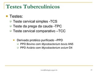 Testes Tuberculínicos Testes: Teste cervical simples -TCS Teste da prega da cauda -TPC Teste cervical comparativo –TCC Derivado protéico purificado –PPD PPD Bovino com  Mycobacterium bovis  AN5 PPD Aviário com  Mycobacterium avium  D4 [email_address] 