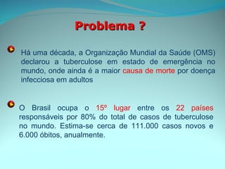 Problema ? Há uma década, a Organização Mundial da Saúde (OMS) declarou a tuberculose em estado de emergência no mundo, onde ainda é a maior  causa de morte  por doença infecciosa em adultos O Brasil ocupa o  15º lugar  entre os  22 países  responsáveis por 80% do total de casos de tuberculose no mundo. Estima-se cerca de 111.000 casos novos e 6.000 óbitos, anualmente.  