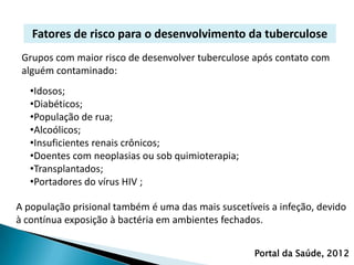 Fatores de risco para o desenvolvimento da tuberculose
 Grupos com maior risco de desenvolver tuberculose após contato com
 alguém contaminado:
   •Idosos;
   •Diabéticos;
   •População de rua;
   •Alcoólicos;
   •Insuficientes renais crônicos;
   •Doentes com neoplasias ou sob quimioterapia;
   •Transplantados;
   •Portadores do vírus HIV ;

A população prisional também é uma das mais suscetíveis a infeção, devido
à contínua exposição à bactéria em ambientes fechados.


                                                    Portal da Saúde, 2012
 