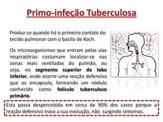 Primo-infeção Tuberculosa
Produz-se quando há o primeiro contato do
tecido pulmonar com o bacilo de Koch.
Os microorganismos que entram pelas vias
respiratórias costumam localizar-se nas
zonas mais ventiladas do pulmão, ou
seja, no segmento superior do lobo
inferior, onde ocorre uma reação defensiva
que os encapsula, formando um nódulo
conhecido como folículo tuberculoso
primário.

Esta passa despercebida em cerca de 90% dos casos porque a
reação defensiva trava a sua evolução, não surgindo sintomas.

 