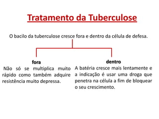 Tratamento da Tuberculose
O bacilo da tuberculose cresce fora e dentro da célula de defesa.

dentro
fora
Não só se multiplica muito A batéria cresce mais lentamente e
rápido como também adquire a indicação é usar uma droga que
penetra na célula a fim de bloquear
resistência muito depressa.
o seu crescimento.

 