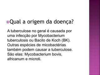 Qual a origem da doença?
A tuberculose no geral é causada por
uma infecção por Mycobacterium
tuberculosis ou Bacilo de Koch (BK).
Outras espécies de micobactérias
também podem causar a tuberculose.
São elas: Mycobacterium bovis,
africanum e microti.
 
