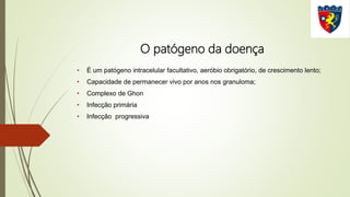 O patógeno da doença
• É um patógeno intracelular facultativo, aeróbio obrigatório, de crescimento lento;
• Capacidade de permanecer vivo por anos nos granuloma;
• Complexo de Ghon
• Infecção primária
• Infecção progressiva
 