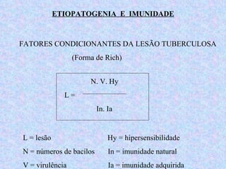 ETIOPATOGENIA  E  IMUNIDADE FATORES CONDICIONANTES DA LESÃO TUBERCULOSA (Forma de Rich) N. V. Hy L =  In. Ia  L = lesão  Hy = hipersensibilidade N = números de bacilos  In = imunidade natural V = virulência  Ia = imunidade adquirida 