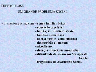 TUBERCULOSE  UM GRANDE PROBLEMA SOCIAL - Elementos que indicam: -  renda familiar baixa;    - educação precária;    - habitação ruim/inexistente;    - famílias numerosas;    - adensamentos  comunitários;      - desnutrição alimentar;    - alcoolismo;    - doenças infecciosas associadas;    - dificuldade de acesso aos Serviços de      Saúde;    - fragilidade da Assistência Social. 