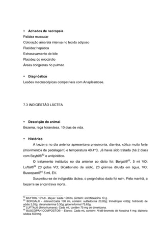 Achados de necropsia
Palidez muscular
Coloração amarela intensa no tecido adiposo
Flacidez hepática
Extrasavamento de bile
Flacidez do miocárdio
Áreas congestas no pulmão.
Diagnóstico
Lesões macroscópicas compatíveis com Anaplasmose.
7.3 INDIGESTÃO LÁCTEA
Descrição do animal
Bezerra, raça holandesa, 10 dias de vida.
Histórico
A bezerra no dia anterior apresentava pneumonia, diarréia, cólica muito forte
(movimentos de pedalagem) e temperatura 40.4ºC. Já havia sido tratada (há 2 dias)
com Baytril®62
e antipirético.
O tratamento instituído no dia anterior ao óbito foi: Borgal®63
, 5 ml VO;
Luftal®64
20 gotas VO; Bicarbonato de sódio, 20 gramas diluído em água, VO;
Buscopan®65
5 ml, EV.
Suspeitou-se de indigestão láctea, o prognóstico dado foi ruim. Pela manhã, a
bezerra se encontrava morta.
62
BAYTRIL 10%® - Bayer. Cada 100 mL contém: enrofloxacino 10 g.
63
BORGAL® - Intervet.Cada 100 mL contém: sulfadoxina 20,00g; trimetropin 4,00g; hidróxido de
sódio 2,05g; dietanolamina 0,30g; glicerinformol 75,65g.
64
LUFTAL® (linha humana). Cada mL contém 75 mg de dimeticona.
65
BUSCOPAN COMPOSTO® – Elanco. Cada mL contém: N-btil-brometo de hioscina 4 mg; dipirona
sódica 500 mg.
 