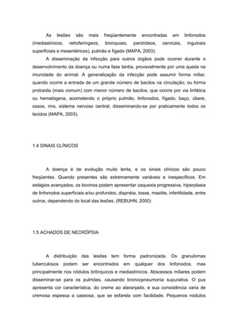 As lesões são mais freqüentemente encontradas em linfonodos
(mediastínicos, retrofaríngeos, bronquiais, parotídeos, cervicais, inguinais
superficiais e mesentéricos), pulmão e fígado (MAPA, 2003).
A disseminação da infecção para outros órgãos pode ocorrer durante o
desenvolvimento da doença ou numa fase tardia, provavelmente por uma queda na
imunidade do animal. A generalização da infecção pode assumir forma miliar,
quando ocorre a entrada de um grande número de bacilos na circulação; ou forma
protraída (mais comum) com menor número de bacilos, que ocorre por via linfática
ou hematógena, acometendo o próprio pulmão, linfonodos, fígado, baço, úbere,
ossos, rins, sistema nervoso central, disseminando-se por praticamente todos os
tecidos (MAPA, 2003).
1.4 SINAIS CLÍNICOS
A doença é de evolução muito lenta, e os sinais clínicos são pouco
freqüentes. Quando presentes são extremamente variáveis e inespecíficos. Em
estágios avançados, os bovinos podem apresentar caquexia progressiva, hiperplasia
de linfonodos superficiais e/ou profundos, dispnéia, tosse, mastite, infertilidade, entre
outros, dependendo do local das lesões. (REBUHN, 2000)
1.5 ACHADOS DE NECRÓPSIA
A distribuição das lesões tem forma padronizada. Os granulomas
tuberculosos podem ser encontrados em qualquer dos linfonodos, mas
principalmente nos nódulos brônquicos e mediastínicos. Abscessos miliares podem
disseminar-se para os pulmões, causando broncopneumonia supurativa. O pus
apresenta cor característica, do creme ao alaranjado, e sua consistência varia de
cremosa espessa a caseosa, que se esfarela com facilidade. Pequenos nódulos
 