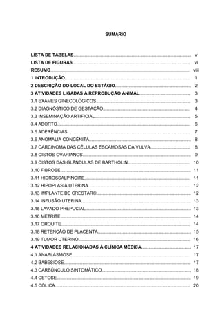 SUMÁRIO
LISTA DE TABELAS............................................................................................... v
LISTA DE FIGURAS............................................................................................... vi
RESUMO....................................................................................................................................... viii
1 INTRODUÇÃO..................................................................................................... 1
2 DESCRIÇÃO DO LOCAL DO ESTÁGIO............................................................. 2
3 ATIVIDADES LIGADAS À REPRODUÇÃO ANIMAL......................................... 3
3.1 EXAMES GINECOLÓGICOS............................................................................ 3
3.2 DIAGNÓSTICO DE GESTAÇÃO...................................................................... 4
3.3 INSEMINAÇÃO ARTIFICIAL............................................................................. 5
3.4 ABORTO........................................................................................................... 6
3.5 ADERÊNCIAS................................................................................................... 7
3.6 ANOMALIA CONGÊNITA.................................................................................. 8
3.7 CARCINOMA DAS CÉLULAS ESCAMOSAS DA VULVA................................ 8
3.8 CISTOS OVARIANOS....................................................................................... 9
3.9 CISTOS DAS GLÂNDULAS DE BARTHOLIN.................................................. 10
3.10 FIBROSE......................................................................................................... 11
3.11 HIDROSSALPINGITE..................................................................................... 11
3.12 HIPOPLASIA UTERINA.................................................................................. 12
3.13 IMPLANTE DE CRESTAR®............................................................................ 12
3.14 INFUSÃO UTERINA........................................................................................ 13
3.15 LAVADO PREPUCIAL..................................................................................... 13
3.16 METRITE......................................................................................................... 14
3.17 ORQUITE........................................................................................................ 14
3.18 RETENÇÃO DE PLACENTA........................................................................... 15
3.19 TUMOR UTERINO.......................................................................................... 16
4 ATIVIDADES RELACIONADAS À CLÍNICA MÉDICA........................................ 17
4.1 ANAPLASMOSE............................................................................................... 17
4.2 BABESIOSE...................................................................................................... 17
4.3 CARBÚNCULO SINTOMÁTICO........................................................................ 18
4.4 CETOSE............................................................................................................ 19
4.5 CÓLICA............................................................................................................. 20
 
