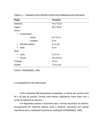 TABELA 1 - TAMANHO DOS ÓRGÃOS GENITAIS FEMININOS NOS BOVINOS
Órgão Tamanho
Vestíbulo 10 a 12 cm
Vagina 25 a 30 cm
Cérvix:
comprimento:
- vacas
- novilhas
diâmetro externo
anéis
8 a 10 cm
5 cm
3 a 4 cm
2 a 5
Útero
corpo
cornos
2 a 4 cm
35 a 40 cm
Trompas 25 cm
Ovários 1,5 a 2 cm
FONTE: FERNANDES, 1999.
3.2 DIAGNÓSTICO DE GESTAÇÃO
Foram realizados 686 diagnósticos de gestação, a maioria dos animais entre
30 e 45 dias de prenhez. Grande parte desses diagnósticos foram feitos com o
auxílio do aparelho de ultra-som.
Um diagnóstico precoce é importante para o manejo reprodutivo do rebanho,
principalmente em rebanhos leiteiros onde a eficiência reprodutiva tem grande
importância para a viabilidade financeira da exploração (FERNANDES, 1999).
 