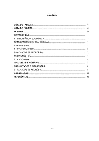 SUMÁRIO
LISTA DE TABELAS............................................................................................... v
LISTA DE FIGURAS............................................................................................... vi
RESUMO....................................................................................................................................... vii
1 INTRODUÇÃO..................................................................................................... 1
1.1 IMPORTÂNCIA ECONÔMICA........................................................................... 1
1.2 MECANISMOS DE TRANSMISSÃO................................................................. 1
1.3 PATOGENIA...................................................................................................... 2
1.4 SINAIS CLÍNICOS............................................................................................. 3
1.5 ACHADOS DE NECROPSIA............................................................................. 3
1.6 DIAGNÓSTICO................................................................................................. 4
1.7 PROFILAXIA..................................................................................................... 5
2 MATERIAIS E MÉTODOS................................................................................... 7
3 RESULTADOS E DISCUSSÕES......................................................................... 8
3.1 ACHADOS DE NECRÓSIA............................................................................... 8
4 CONCLUSÃO....................................................................................................... 15
REFERÊNCIAS....................................................................................................... 16
iv
 