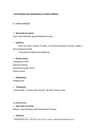 4 ATIVIDADES RELACIONADAS À CLÍNICA MÉDICA
4.1 ANAPLASMOSE
Descrição do animal
Vaca, raça holandesa, aproximadamente 4 anos.
Histórico
Vaca com parto recente (10 dias). O animal apresentava anorexia, apatia e
baixa produção de leite.
O animal já foi tratado para babesiose.
Exame clínico
Temperatura: 40ºC
Mucosas ictéricas
Acúmulo de líquido uterino
Atonia ruminal
Diagnóstico
Anaplasmose
Tratamento
Terramicina®9
: 1ml para cada 10 kg PV, IM, SID, durante 3 dias.
4.2 BABESIOSE
Descrição do animal
Bezerra, raça holandesa, aproximadamente 3 meses.
Histórico
9
TERRAMICINA LA® - Pfizer Ltda. Cada 100 mL contém: oxitetraciclina diidratada 20,0 g.
 