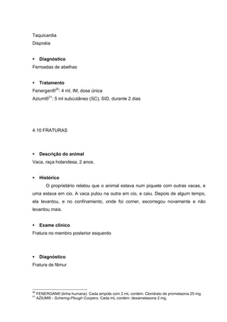Taquicardia
Dispnéia
Diagnóstico
Ferroadas de abelhas
Tratamento
Fenergan®20
: 4 ml, IM, dose única
Azium®21
: 5 ml subcutâneo (SC), SID, durante 2 dias
4.10 FRATURAS
Descrição do animal
Vaca, raça holandesa, 2 anos.
Histórico
O proprietário relatou que o animal estava num piquete com outras vacas, e
uma estava em cio. A vaca pulou na outra em cio, e caiu. Depois de algum tempo,
ela levantou, e no confinamento, onde foi comer, escorregou novamente e não
levantou mais.
Exame clínico
Fratura no membro posterior esquerdo
Diagnóstico
Fratura de fêmur
20
FENERGAN® (linha humana). Cada ampola com 2 mL contém: Cloridrato de prometazina 25 mg.
21
AZIUM® - Schering-Plough Coopers. Cada mL contém: dexametasona 2 mg.
 