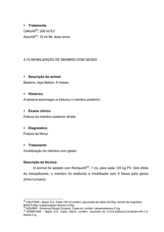 Tratamento
Calfon®28
: 200 ml EV
Azium®29
: 10 ml IM, dose única
4.15 IMOBILIZAÇÃO DE MEMBRO COM GESSO
Descrição do animal
Bezerra, raça Nelore, 4 meses.
Histórico
A bezerra escorregou e fraturou o membro posterior.
Exame clínico
Fratura do membro posterior direito
Diagnóstico
Fratura de fêmur
Tratamento
Imobilização do membro com gesso
Descrição da técnica:
O animal foi sedado com Rompun®30
, 1 mL para cada 125 kg PV. Sob efeito
do tranqüilizante, o membro foi restituído e imobilizado com 5 faixas para gesso
(linha humana).
28
CALFON® - Bayer S.A. Cada 100 ml contém: gluconato de cálcio 20,00g; cloreto de magnésio
6H20 6,00g; butaphosphan técnico 0,40g.
29
AZIUM® - Schering-Plough Coopers. Cada mL contém: dexametasona 2 mg.
30
ROMPUN® - Bayer S.A. Cada 100mL contém: cloridrato de 2-(2,6-xilidino)-5,6-dihidro-4H-1,3-
tiazina 2 g.
 