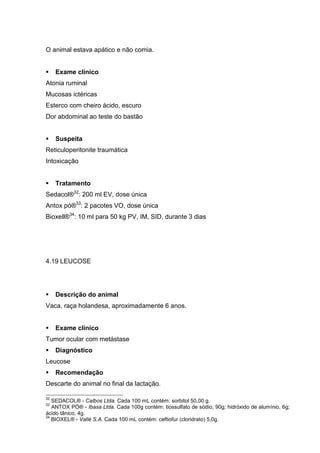 O animal estava apático e não comia.
Exame clínico
Atonia ruminal
Mucosas ictéricas
Esterco com cheiro ácido, escuro
Dor abdominal ao teste do bastão
Suspeita
Reticuloperitonite traumática
Intoxicação
Tratamento
Sedacol®32
: 200 ml EV, dose única
Antox pó®33
: 2 pacotes VO, dose única
Bioxell®34
: 10 ml para 50 kg PV, IM, SID, durante 3 dias
4.19 LEUCOSE
Descrição do animal
Vaca, raça holandesa, aproximadamente 6 anos.
Exame clínico
Tumor ocular com metástase
Diagnóstico
Leucose
Recomendação
Descarte do animal no final da lactação.
32
SEDACOL® - Calbos Ltda. Cada 100 mL contém: sorbitol 50,00 g.
33
ANTOX PÓ® - Ibasa Ltda. Cada 100g contém: tiossulfato de sódio, 90g; hidróxido de alumínio, 6g;
ácido tânico, 4g.
34
BIOXEL® - Vallé S.A. Cada 100 mL contém: ceftiofur (cloridrato) 5,0g.
 