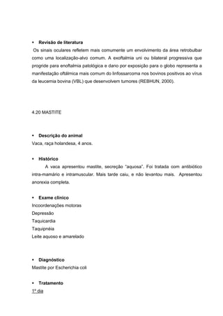 Revisão de literatura
Os sinais oculares refletem mais comumente um envolvimento da área retrobulbar
como uma localização-alvo comum. A exoftalmia uni ou bilateral progressiva que
progride para enoftalmia patológica e dano por exposição para o globo representa a
manifestação oftálmica mais comum do linfossarcoma nos bovinos positivos ao vírus
da leucemia bovina (VBL) que desenvolvem tumores (REBHUN, 2000).
4.20 MASTITE
Descrição do animal
Vaca, raça holandesa, 4 anos.
Histórico
A vaca apresentou mastite, secreção “aquosa”. Foi tratada com antibiótico
intra-mamário e intramuscular. Mais tarde caiu, e não levantou mais. Apresentou
anorexia completa.
Exame clínico
Incoordenações motoras
Depressão
Taquicardia
Taquipnéia
Leite aquoso e amarelado
Diagnóstico
Mastite por Escherichia coli
Tratamento
1º dia
 