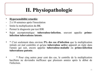 • Hypersensibilité retardée:
- 2 à 10 semaines après l'inoculation
- limite la multiplication du BK
- Permet le diagnostic par test IDR
• Sujet asymptomatique: tuberculose-infection, souvent appelée primo-
infection tuberculeuse latente.
• * C'est seulement dans environ 5% des cas d'infection que la multiplication
initiale est mal contrôlée et qu'une tuberculose active apparaît en règle dans
l'année qui suit, encore appelée tuberculose-maladie ou primo-infection
tuberculeuse patente.
• * Pour cinq autres pour cent des cas, le contrôle de la multiplication
bacillaire ne deviendra inefficace que plusieurs années après le début de
l'infection.
15
 