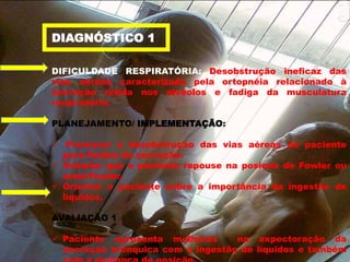 DIAGNÓSTICO 1 
DIFICULDADE RESPIRATÓRIA: Desobstrução ineficaz das 
vias aéreas caracterizado pela ortopnéia relacionado à 
secreção retida nos alvéolos e fadiga da musculatura 
respiratória. 
PLANEJAMENTO/ IMPLEMENTAÇÃO: 
 Promover a desobstrução das vias aéreas do paciente 
para fluidez da secreção. 
 Orientar que o paciente repouse na posição de Fowler ou 
semi-Fowler. 
 Orientar o paciente sobre a importância da ingestão de 
líquidos. 
AVALIAÇÃO 1 
 Paciente apresenta melhoras na expectoração da 
secreção brõnquica com a ingestão de líquidos e também 
com a mudança de posição. 
 