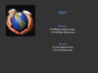 2007 Mundo 9 milhões casos novos  1,8 milhões óbitos ano Brasil 72 mil casos novos 4,5 mil óbitos ano 