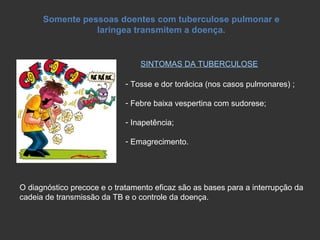 Tosse e dor torácica (nos casos pulmonares) ; Febre baixa vespertina com sudorese; Inapetência; Emagrecimento. SINTOMAS DA TUBERCULOSE O diagnóstico precoce e o tratamento eficaz são as bases para a interrupção da cadeia de transmissão da TB e o controle da doença.  Somente pessoas doentes com tuberculose pulmonar e laríngea transmitem a doença. 