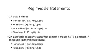 • 1ª fase: 2 Meses
• Isoniazida (H) 5 a 10 mg/Kg dia
• Rifampicina (R) 10 mg/Kg dia
• Pirazinamida (Z) 15 a 30 mg/Kg dia
• Etambutol (E) 25 mg/Kg dia
• 2ª fase: varia consoante as formas clinicas 4 meses na TB pulmonar, 7
meses na TB meningea e óssea.
• Isoniazida (H) 5 a 10 mg/Kg dia
• Rifampicina (R) 10 mg/Kg dia
Regimes de Tratamento
 