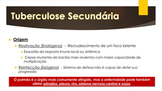 Origem 
Reativação (Endógena)-Recrudescimento de um foco latente 
Exaustão da resposta imune local ou sistêmica 
Cepas mutantes de bacilos mais virulentos com maior capacidade de multiplicação 
Reinfecção (Exógena) -Sistema de defesa não é capaz de deter sua progressão 
O pulmão é o órgão mais comumente atingido, mas a enfermidade pode também afetar gânglios, pleura, rins, sistema nervoso central e ossos.  