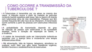 COMO OCORRE A TRANSMISSÃO DA
TUBERCULOSE ?
 A tuberculose é transmitida por via aérea na maioria dos
casos. A infecção ocorre a partir da inalação de gotículas
contendo bacilos expelidos pela tosse, fala ou espirro do doente
com tuberculose ativa de vias respiratórias. Pessoas que têm
contato frequente têm alto risco de se infectarem. A transmissão
ocorre somente a partir de pessoas com tuberculose infecciosa
ativa.
A probabilidade da transmissão depende do grau
de infecção da pessoa com tuberculose e da quantidade
expelida, forma e duração da exposição ao bacilo, e
a virulência.
 A cadeia de transmissão pode ser interrompida isolando-se
pacientes com a doença ativa e iniciando-se uma terapia
antituberculosa eficaz.
 Má alimentação, falta de higiene, tabagismo, alcoolismo ou
qualquer outro fator que gere baixa resistência orgânica,
também favorece o estabelecimento da tuberculose. Fonte: Tuberculose. In: HmsPortugal. Disponível em
<http://hmsportugal.wordpress.com/2011/10/10/tuberculos
e/> Acesso em: 15 out 2014
 