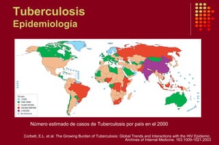 Tuberculosis
Epidemiología
Número estimado de casos de Tuberculosis por país en el 2000
Corbett, E.L. et al. The Growing Burden of Tuberculosis: Global Trends and Interactions with the HIV Epidemic.
Archives of Internal Medicine. 163:1009-1021.2003
 