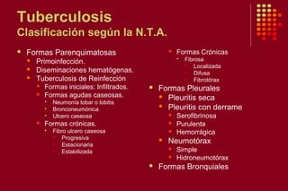Tuberculosis
Clasificación según la N.T.A.
 Formas Parenquimatosas
 Primoinfección.
 Diseminaciones hematógenas.
 Tuberculosis de Reinfección
 Formas iniciales: Infiltrados.
 Formas agudas caseosas.
 Neumonía lobar o lobitis
 Bronconeumónica
 Ulcero caseosa
 Formas crónicas.
 Fibro ulcero caseosa
 Progresiva
 Estacionaria
 Estabilizada
 Formas Crónicas
 Fibrosa
 Localizada
 Difusa
 Fibrotórax
 Formas Pleurales
 Pleuritis seca
 Pleuritis con derrame
 Serofibrinosa
 Purulenta
 Hemorrágica
 Neumotórax
 Simple
 Hidroneumotórax
 Formas Bronquiales
 