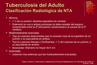 Tuberculosis del Adulto
Clasificación Radiológica de NTA
 Mínima.
 < ⅓ de un pulmón, lesiones pequeñas sin cavidad.
 Extensión en uno o ambos pulmones no debe exceder del espacio
comprendido entre la 2ª articulación condrocostal y el cuerpo de la 5ª
vértebra.
 Moderadamente avanzada.
 Tipo a) Lesiones diseminadas que no excedan mas de la superficie de un
pulmón o su equivalente en ambos.
 Tipo b) Lesiones Densas y Confluentes: < ⅓ del volumen de un pulmón, o
su equivalente en ambos.
 Excavadas: Diámetro no mayor de 4 cm.
 Avanzada.
 Lesiones mas extensas que las moderadamente avanzadas.
Farga, Victorino. Tuberculosis. Publicaciones Técnicas Mediterráneo LTA. Santiago de Chile. 2º
Edición, 1992
 