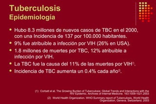 Tuberculosis
Epidemiología
 Hubo 8.3 millones de nuevos casos de TBC en el 2000,
con una Incidencia de 137 por 100.000 habitantes.
 9% fue atribuible a infección por VIH (26% en USA).
 1.8 millones de muertes por TBC, 12% atribuible a
infección por VIH.
 La TBC fue la causa del 11% de las muertes por VIH(1)
.
 Incidencia de TBC aumenta un 0.4% cada año(2)
.
(1) Corbatt el al. The Growing Burden of Tuberculosis: Global Trends and Interactions with the
HIV Epidemic. Archives of Internal Medicine. 163:1009-1021.2003
(2) World Health Organization. WHO Summary report of Tuberculosis. World Health
Organization, Geneva, Switzerland. 2003
 