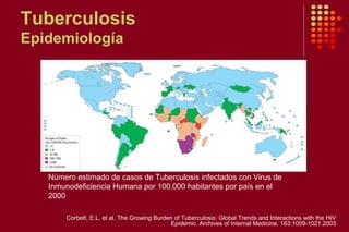 Tuberculosis
Epidemiología
Número estimado de casos de Tuberculosis infectados con Virus de
Inmunodeficiencia Humana por 100.000 habitantes por país en el
2000
Corbett, E.L. et al. The Growing Burden of Tuberculosis: Global Trends and Interactions with the HIV
Epidemic. Archives of Internal Medicine. 163:1009-1021.2003
 