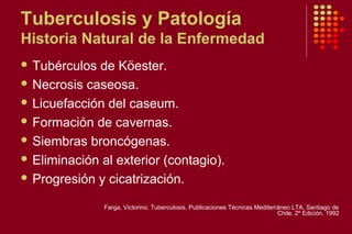 Tuberculosis y Patología
Historia Natural de la Enfermedad
 Tubérculos de Köester.
 Necrosis caseosa.
 Licuefacción del caseum.
 Formación de cavernas.
 Siembras broncógenas.
 Eliminación al exterior (contagio).
 Progresión y cicatrización.
Farga, Victorino. Tuberculosis. Publicaciones Técnicas Mediterráneo LTA. Santiago de
Chile. 2º Edición, 1992
 