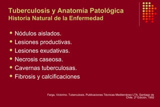 Tuberculosis y Anatomía Patológica
Historia Natural de la Enfermedad
 Nódulos aislados.
 Lesiones productivas.
 Lesiones exudativas.
 Necrosis caseosa.
 Cavernas tuberculosas.
 Fibrosis y calcificaciones
Farga, Victorino. Tuberculosis. Publicaciones Técnicas Mediterráneo LTA. Santiago de
Chile. 2º Edición, 1992
 