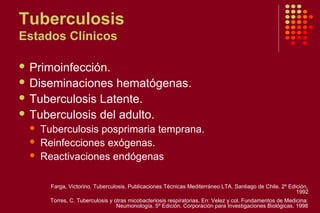 Tuberculosis
Estados Clínicos
 Primoinfección.
 Diseminaciones hematógenas.
 Tuberculosis Latente.
 Tuberculosis del adulto.
 Tuberculosis posprimaria temprana.
 Reinfecciones exógenas.
 Reactivaciones endógenas
Farga, Victorino. Tuberculosis. Publicaciones Técnicas Mediterráneo LTA. Santiago de Chile. 2º Edición,
1992
Torres, C. Tuberculosis y otras micobacteriosis respiratorias. En: Velez y col. Fundamentos de Medicina:
Neumonología. 5º Edición. Corporación para Investigaciones Biológicas. 1998
 