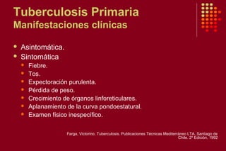 Tuberculosis Primaria
Manifestaciones clínicas
 Asintomática.
 Sintomática
 Fiebre.
 Tos.
 Expectoración purulenta.
 Pérdida de peso.
 Crecimiento de órganos linforeticulares.
 Aplanamiento de la curva pondoestatural.
 Examen físico inespecífico.
Farga, Victorino. Tuberculosis. Publicaciones Técnicas Mediterráneo LTA. Santiago de
Chile. 2º Edición, 1992
 
