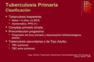 Tuberculosis Primaria
Clasificación
 Tuberculosis Inaparente:
 Niños < 4 años, no BCG.
 Asintomático, PPD (+).
 Complejo primario simple.
 Primoinfección progresiva:
 Progresión del foco primario y diseminación linfohematógena
precoz.
 Tuberculosis secundarias o de Tipo Adulto:
 TBC pulmonar.
 TBC extra pulmonar.
Farga, Victorino. Tuberculosis. Publicaciones Técnicas Mediterráneo LTA. Santiago de
Chile. 2º Edición, 1992
 