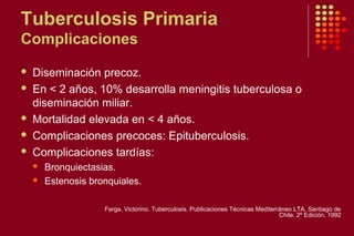Tuberculosis Primaria
Complicaciones
 Diseminación precoz.
 En < 2 años, 10% desarrolla meningitis tuberculosa o
diseminación miliar.
 Mortalidad elevada en < 4 años.
 Complicaciones precoces: Epituberculosis.
 Complicaciones tardías:
 Bronquiectasias.
 Estenosis bronquiales.
Farga, Victorino. Tuberculosis. Publicaciones Técnicas Mediterráneo LTA. Santiago de
Chile. 2º Edición, 1992
 