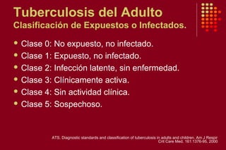 Tuberculosis del Adulto
Clasificación de Expuestos o Infectados.
 Clase 0: No expuesto, no infectado.
 Clase 1: Expuesto, no infectado.
 Clase 2: Infección latente, sin enfermedad.
 Clase 3: Clínicamente activa.
 Clase 4: Sin actividad clínica.
 Clase 5: Sospechoso.
ATS. Diagnostic standards and classification of tuberculosis in adults and children. Am J Respir
Crit Care Med. 161:1376-95, 2000
 