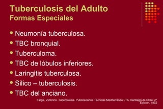 Tuberculosis del Adulto
Formas Especiales
Neumonía tuberculosa.
TBC bronquial.
Tuberculoma.
TBC de lóbulos inferiores.
Laringitis tuberculosa.
Silico – tuberculosis.
TBC del anciano.
Farga, Victorino. Tuberculosis. Publicaciones Técnicas Mediterráneo LTA. Santiago de Chile. 2º
Edición, 1992
 