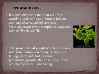  It is currently estimated that 1/2 of the
world's population (3.1 billion) is infected
with Mycobacterium tuberculosis.
Mycobacterium avium complex is associated
with AIDS related TB.
 The proportion of people who become sick
with tuberculosis each year is stable or
falling worldwide but, because of
population growth, the absolute number
of new cases is still increasing.
EPIDEMIOLOGY:
 