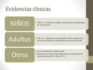 Evidencias clinicas
• TOS 2 o + semanas sin fiebre, perdida peso o alteraciones
en crecimientoNIÑOS
• TOS 2 o + semanas, con hemoptisis, fiebre vespertina o
nocturna, diaforesis, perdida peso, astenia y adinamiaAdultos
• Tos sin explicación, malestar gral.
• Pacientes con neumonías adquiridas en comunidad sin
mejoría después de 7 días con TxOtros
 