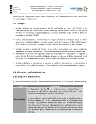 Subdirección de Vigilancia y Control en Salud Pública
Tuberc Protocolo de vigilancia y control de tuberculosis
INT-R02.002.4020-015 Página 7 de 21 V00
contribuyan al cumplimiento de las metas establecidas para detener el avance de la tuberculosis
en nuestro país y en el mundo.
8.2. Estrategia
• Realizar análisis del comportamiento de la notificación a través del Sivigila y las
características de los casos nuevos a nivel municipal, departamental, distrital y nacional e
informar los resultados y recomendaciones a quienes reportan casos (unidades primarias
generadoras del dato - UPGD).
• Evaluar trimestralmente a nivel municipal y departamental la correlación entre los datos
reportados a través del Sivigila y los reportados a través del Programa de Control de la Lepra;
de ser necesario ajustar los casos reportados e informar dichos ajustes al nivel superior.
• Realizar asesoría y asistencia técnica a los entes territoriales con mayor incidencia,
prevalencia y discapacidad por lepra en cumplimiento del artículo 8 del Decreto 3515/2006.
• Difundir los resultados de la vigilancia, análisis y evaluación de la situación de la lepra en el
país a través de boletines epidemiológicos, circulares, salas de análisis situacional, entre
otros, con el fin de evaluar las acciones de control y tomar decisiones frente a las mismas.
• Realizar análisis de la situación de la lepra en la nación en conjunto con el Ministerio de la
Protección Social con el fin de apoyar y orientar la toma de decisiones políticas al respecto.
8.3. Información y configuración del caso
8.3.1. Diagnóstico de tuberculosis
A continuación se describen los criterios para el diagnóstico de la TB pulmonar y extrapulmonar.
Criterio Descripción
Bacteriológico
El diagnostico de la TB es eminentemente bacteriológico. La
demostración del bacilo tuberculoso es criterio suficiente para
confirmar el diagnóstico e iniciar el tratamiento.
La comprobación bacteriológica de la enfermedad se efectúa mediante
la baciloscopia y/o el cultivo, procedimientos que se deben realizar de
acuerdo a los parámetros establecidos en la Guía de Atención Integral
de la Tuberculosis Pulmonar y Extrapulmonar, y los lineamientos que el
Laboratorio Nacional de Referencia del Instituto Nacional de Salud
(INS) establece para la red nacional de laboratorios en su manual de
técnicas .
 