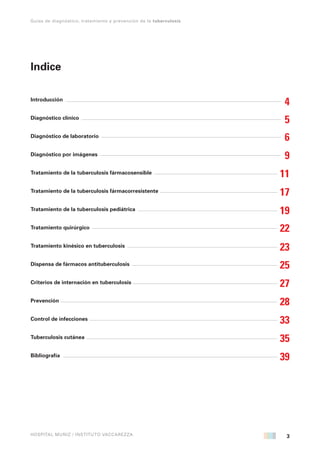 3
Guías de diagnóstico, tratamiento y prevención de la tuberculosis
HOSPITAL MUÑIZ / INSTITUTO VACCAREZZA
Indice
Introducción
Diagnóstico clínico
Diagnóstico de laboratorio
Diagnóstico por imágenes
Tratamiento de la tuberculosis fármacosensible
Tratamiento de la tuberculosis fármacorresistente
Tratamiento de la tuberculosis pediátrica
Tratamiento quirúrgico
Tratamiento kinésico en tuberculosis
Dispensa de fármacos antituberculosis
Criterios de internación en tuberculosis
Prevención
Control de infecciones
Tuberculosis cutánea
Bibliografía
4
5
6
9
11
17
19
22
23
25
27
28
33
35
39
 